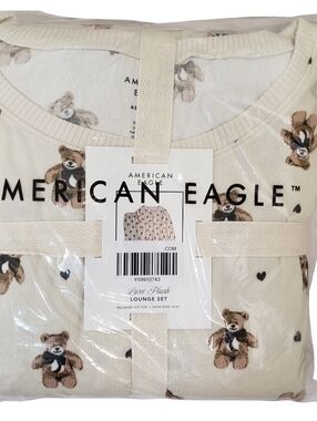 AMERICAN EAGLE Pajama Set Women Teddy Bears Luxe Plush Long-Sleeve & Pant NWT🧸